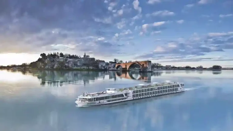 A river cruise ship on a scenic waterway