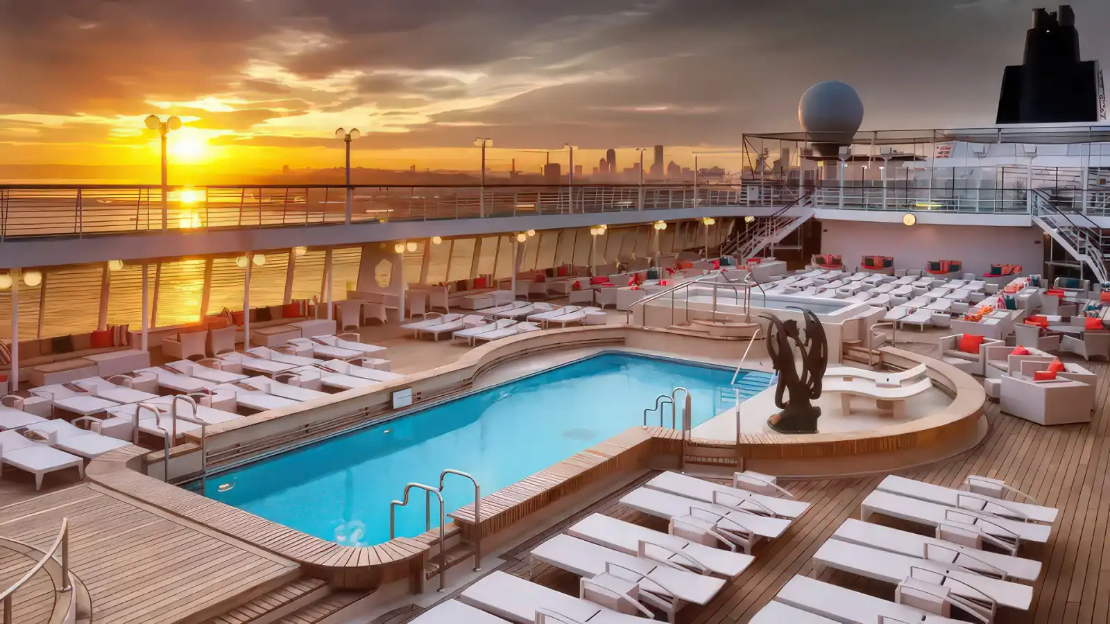 The pool deck aboard a Crystal ship on a clear day